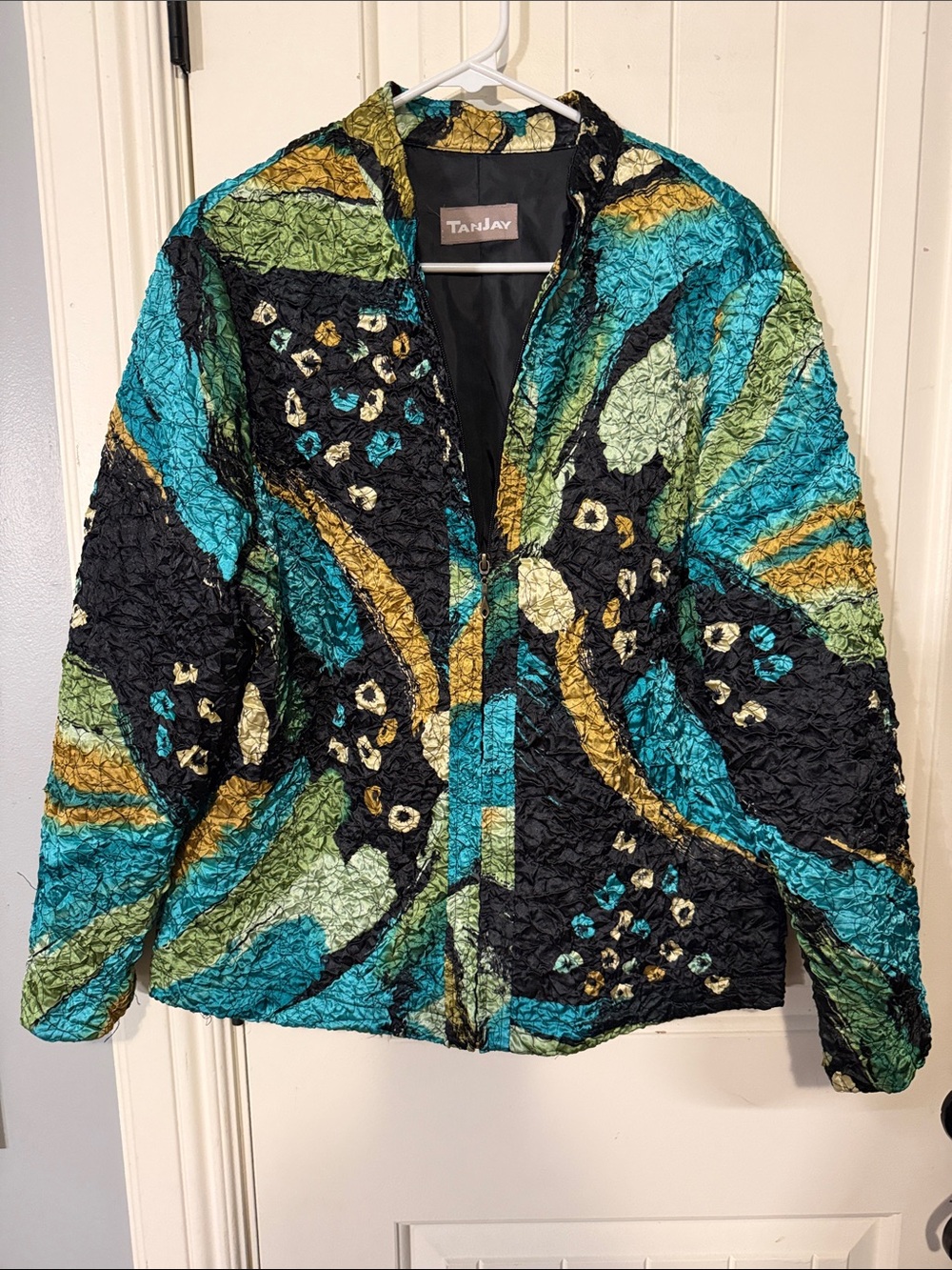 TanJay Quilted Abstract Bomber Jacket in Teal, Black & Green